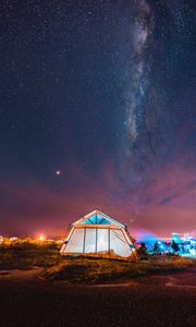 Preview wallpaper tent, night, starry sky, camping