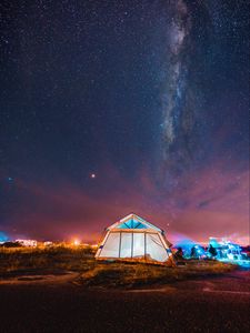 Preview wallpaper tent, night, starry sky, camping