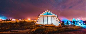 Preview wallpaper tent, night, starry sky, camping