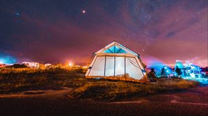 Preview wallpaper tent, night, starry sky, camping