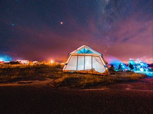 Preview wallpaper tent, night, starry sky, camping