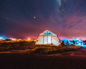 Preview wallpaper tent, night, starry sky, camping