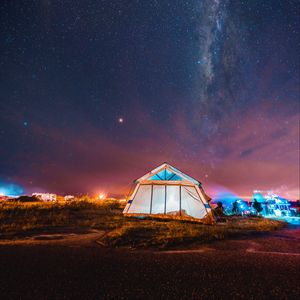 Preview wallpaper tent, night, starry sky, camping