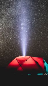 Preview wallpaper tent, night, starry sky, light, beam, camping