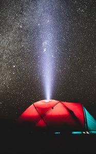 Preview wallpaper tent, night, starry sky, light, beam, camping