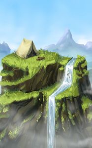 Preview wallpaper tent, rock, waterfall, art, landscape