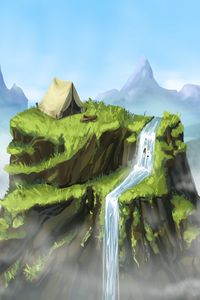 Preview wallpaper tent, rock, waterfall, art, landscape