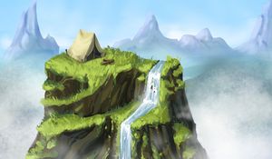 Preview wallpaper tent, rock, waterfall, art, landscape