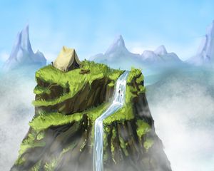 Preview wallpaper tent, rock, waterfall, art, landscape