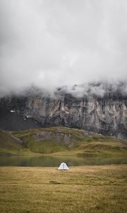 Preview wallpaper tent, rocks, mountains, fog, grass