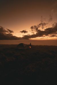 Preview wallpaper tent, silhouette, campfire, dark, twilight