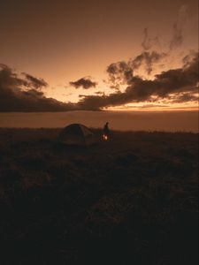 Preview wallpaper tent, silhouette, campfire, dark, twilight