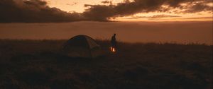 Preview wallpaper tent, silhouette, campfire, dark, twilight