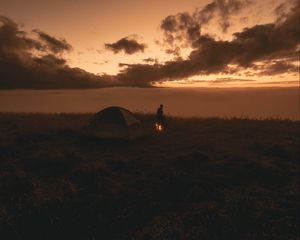 Preview wallpaper tent, silhouette, campfire, dark, twilight