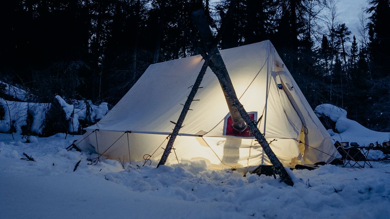 Wallpaper tent, snow, trees, winter, evening
