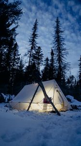 Preview wallpaper tent, snow, trees, winter, evening