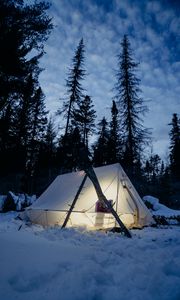 Preview wallpaper tent, snow, trees, winter, evening