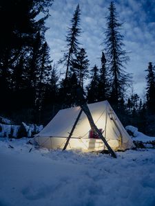 Preview wallpaper tent, snow, trees, winter, evening