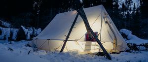 Preview wallpaper tent, snow, trees, winter, evening