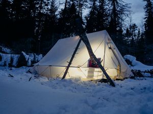 Preview wallpaper tent, snow, trees, winter, evening