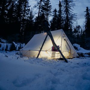 Preview wallpaper tent, snow, trees, winter, evening