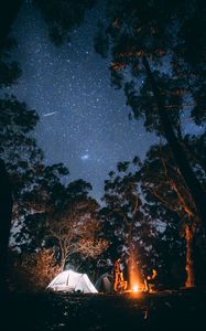 Preview wallpaper tent, starry sky, bonfire, camping, recreation, trees, forest