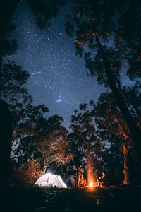 Preview wallpaper tent, starry sky, bonfire, camping, recreation, trees, forest