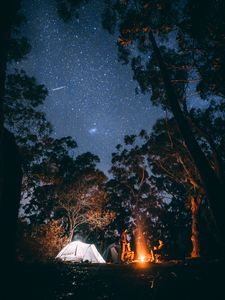 Preview wallpaper tent, starry sky, bonfire, camping, recreation, trees, forest