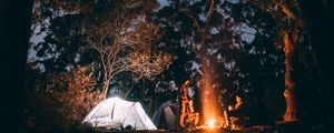 Preview wallpaper tent, starry sky, bonfire, camping, recreation, trees, forest