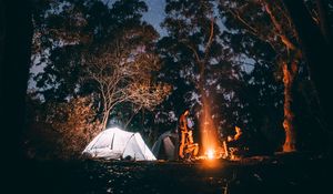 Preview wallpaper tent, starry sky, bonfire, camping, recreation, trees, forest