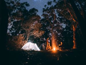 Preview wallpaper tent, starry sky, bonfire, camping, recreation, trees, forest