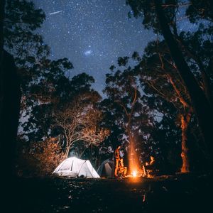 Preview wallpaper tent, starry sky, bonfire, camping, recreation, trees, forest