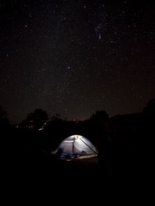 Preview wallpaper tent, starry sky, camping, night