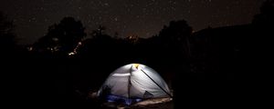 Preview wallpaper tent, starry sky, camping, night