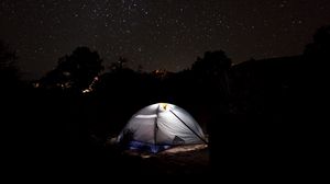 Preview wallpaper tent, starry sky, camping, night