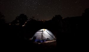 Preview wallpaper tent, starry sky, camping, night