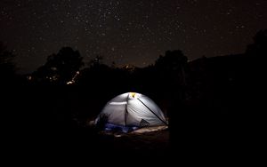 Preview wallpaper tent, starry sky, camping, night