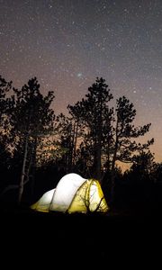 Preview wallpaper tent, starry sky, camping, travel, night