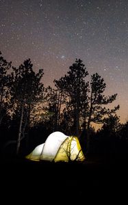 Preview wallpaper tent, starry sky, camping, travel, night