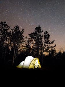 Preview wallpaper tent, starry sky, camping, travel, night