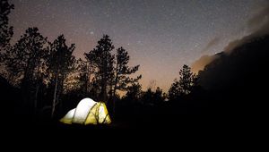 Preview wallpaper tent, starry sky, camping, travel, night