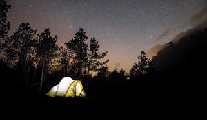 Preview wallpaper tent, starry sky, camping, travel, night