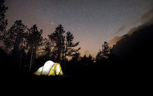 Preview wallpaper tent, starry sky, camping, travel, night