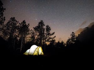 Preview wallpaper tent, starry sky, camping, travel, night