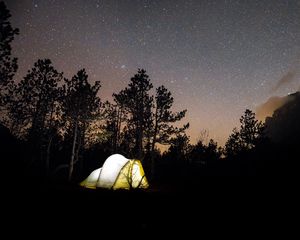 Preview wallpaper tent, starry sky, camping, travel, night