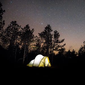 Preview wallpaper tent, starry sky, camping, travel, night