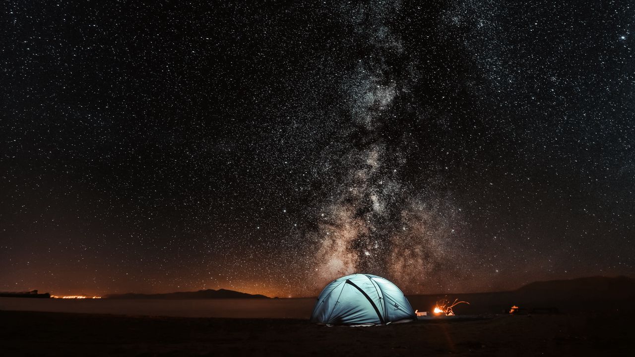 Wallpaper tent, starry sky, night, tourism
