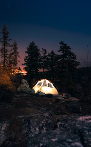 Preview wallpaper tent, starry sky, night, camping, trees