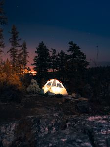 Preview wallpaper tent, starry sky, night, camping, trees