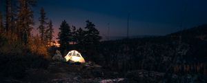 Preview wallpaper tent, starry sky, night, camping, trees